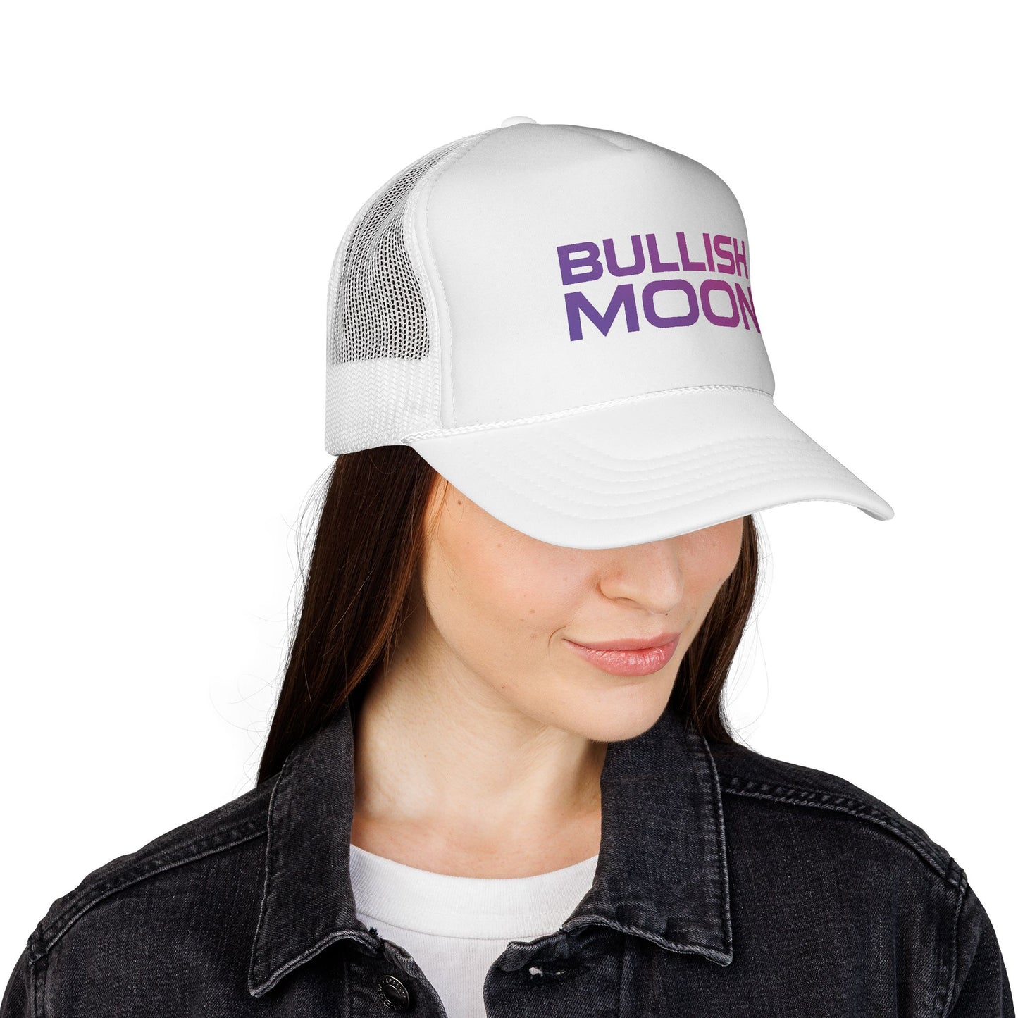 🧢 Bullish Moon Trucker Hat – Text Logo Edition