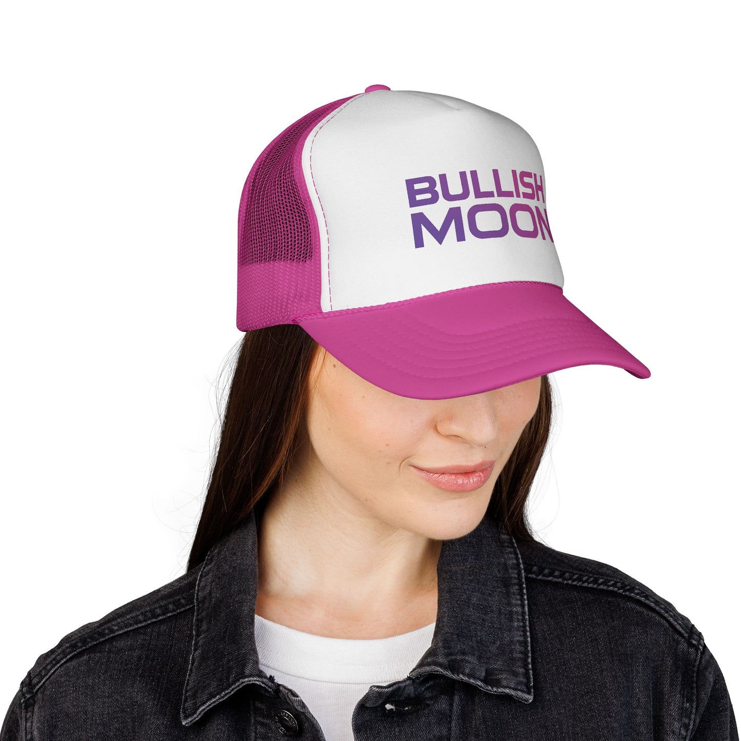🧢 Bullish Moon Trucker Hat – Text Logo Edition